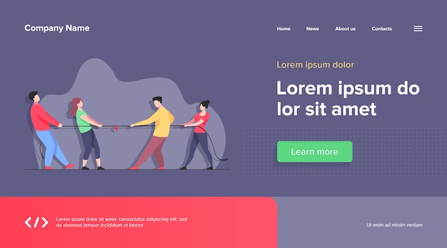 Vecteur gratuit les gens tirent les extrémités opposées de la corde. concours de tir à la corde entre employés de bureau. défi de compétition et concept de confrontation