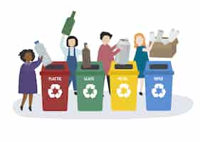 Vecteur gratuit les gens trient les ordures dans des bacs de recyclage