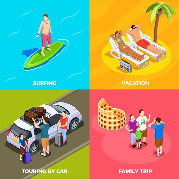Les gens en vacances concept isométrique vacances à la plage surfer voyageant en voiture voyage en famille isolé