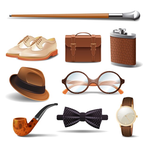 Gentleman réaliste accessoires décoratifs icônes définies