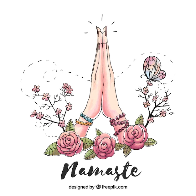 Geste namaste dessiné à la main et roses