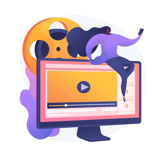 Gestion du contenu multimédia. Activités de vlogging, partage de vidéos de produits, outil de publicité marketing en ligne. Vlogger féminin en streaming en direct. Illustration de métaphore de concept isolé de vecteur