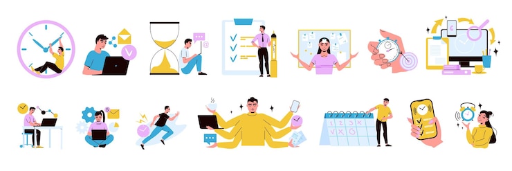 Vecteur gratuit gestion du temps ensemble plat d'icônes de calendrier de travail chronomètre sablier multitâche et personnes planifiant illustration vectorielle de processus métier isolé