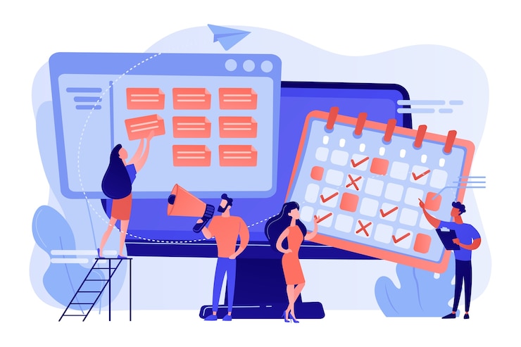 Vecteur gratuit gestion du temps, travail d'équipe des marketeurs
