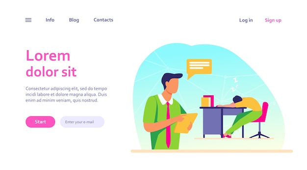 Vecteur gratuit gestionnaire avec tablette rapportant un collègue endormi. employé fatigué qui dort sur le lieu de travail. travailleur paresseux, concept informateur de bureau pour la conception de sites web ou la page web de destination