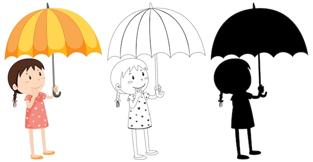 Vecteur gratuit girl holding parapluie en couleur et silhouette et contour