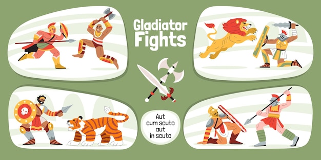 Gladiateur Combat La Composition Infographique Plate Avec Texte Modifiable Hache Et épée Croisées Avec Des Personnages D'illustration Vectorielle De Guerriers