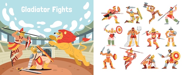 Le Gladiateur Combat Un Ensemble De Compositions Plates Avec D'anciens Guerriers Avec Armure Et Lions Dans L'illustration Vectorielle Du Stade Colisée