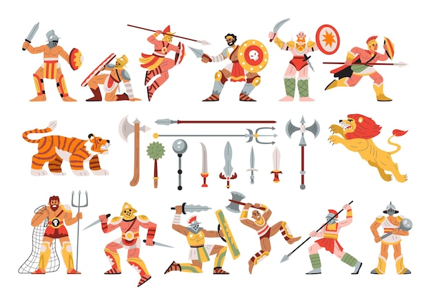 Vecteur gratuit gladiator combat un ensemble plat d'icônes isolées avec une armure d'armes anciennes et des personnages d'illustration vectorielle de combattants romains