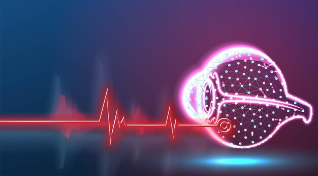 Globe oculaire Point de maladie Santé et concept médical technologie de chirurgien laser rouge Conception abstraite de maillage filaire low poly Fond rouge et bleu Illustration vectorielle