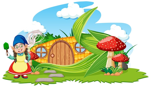 Gnome et maison de maïs avec style de dessin animé de champignons sur le ciel