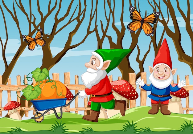 Vecteur gratuit gnome poussant le chariot de citrouille et le papillon dans la scène de style dessin animé du jardin