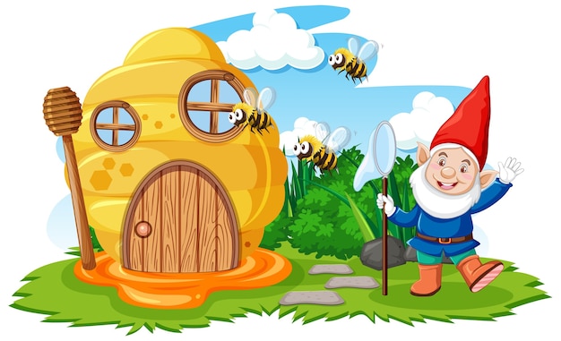 Gnomes et maison en nid d'abeille dans le style de dessin animé de jardin sur fond de ciel