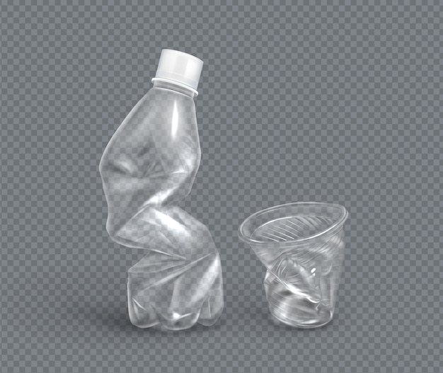 Gobelet et bouteille en plastique froissés pour l'eau, vecteur