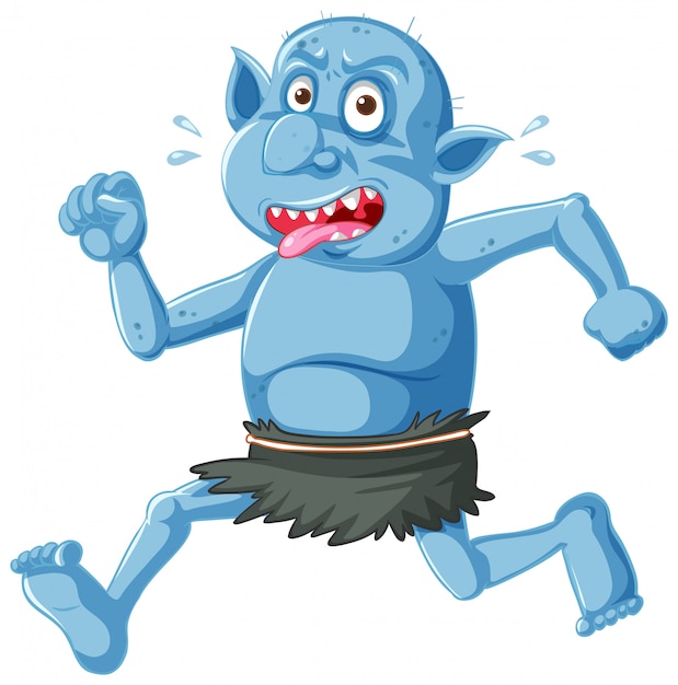 Vecteur gratuit gobelin bleu ou troll en cours d'exécution pose avec grimace en personnage de dessin animé isolé
