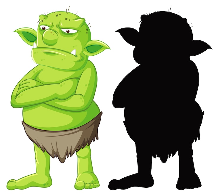 Vecteur gratuit gobelin ou troll en couleur et silhouette en personnage de dessin animé sur blanc