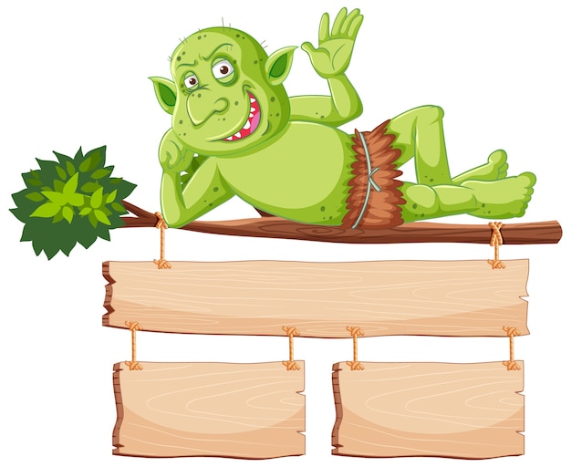 Gobelin vert ou sourire de troll en position couchée arbre avec bannière vierge en personnage de dessin animé isolé