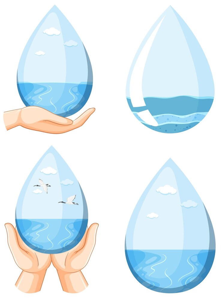 Vecteur gratuit goutte d'eau avec jeu d'icônes de main humaine