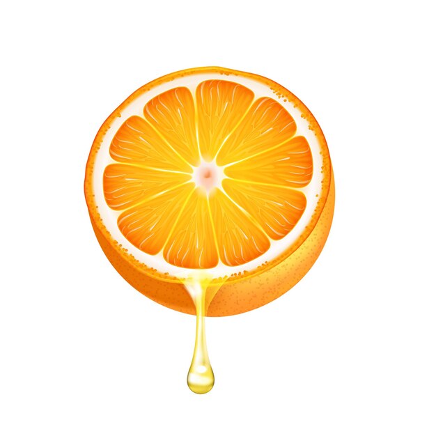 Goutte de jus dégoulinant de la moitié orange sur fond blanc illustration vectorielle réaliste