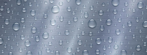 Vecteur gratuit gouttes d'eau sur fond métallique. gouttelettes de pluie avec réflexion lumineuse sur une surface métallique grise. texture humide de condensation abstraite, motif blobs aqua pur dispersé, illustration vectorielle 3d réaliste