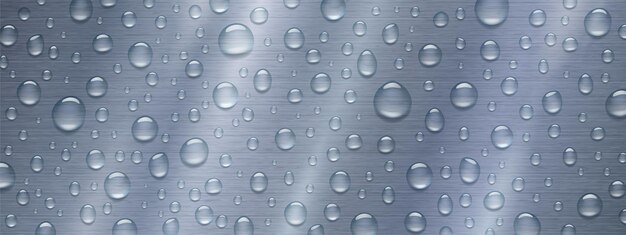 Gouttes d'eau sur fond métallique. Gouttelettes de pluie avec réflexion lumineuse sur une surface métallique grise. Texture humide de condensation abstraite, motif blobs aqua pur dispersé, illustration vectorielle 3d réaliste