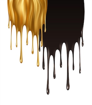 Des gouttes de peinture dorées et noires réalistes isolées sur fond blanc. peinture noire et or dégoulinante et fluide. flux de fluide doré. illustration vectorielle