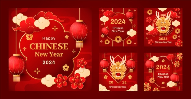 Vecteur gratuit gradient publie une collection de messages sur instagram pour le festival du nouvel an chinois