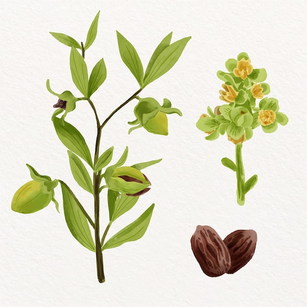 Graine et plante de jojoba aquarelle