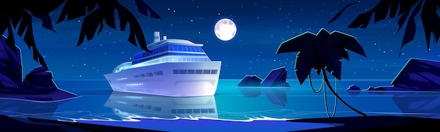 Vecteur gratuit grand bateau de croisière en mer ou dans l'océan au large des côtes la nuit vector de dessins animés paysage de crépuscule sombre de vacances et de voyage bateau de croisière dans l'eau près de la plage de sable avec des palmiers au clair de lune bateau de voyage de luxe