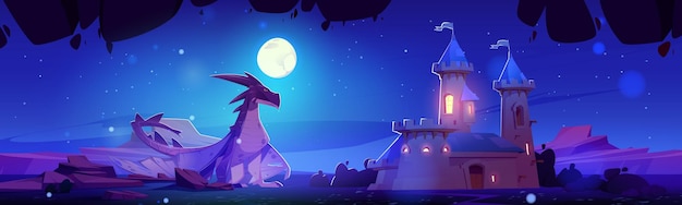 Vecteur gratuit un grand dragon est assis près d'un château médiéval la nuit au clair de lune animal fantastique dangereux avec des ailes et une queue à côté du palais royal au crépuscule vector de dessins animés paysage de conte de fées avec royaume et créature