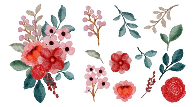 Grand ensemble botanique de fleurs sauvages Ensemble de pièces séparées et réunies en un beau bouquet de fleurs dans un style aquarelle sur fond blanc illustration vectorielle plane