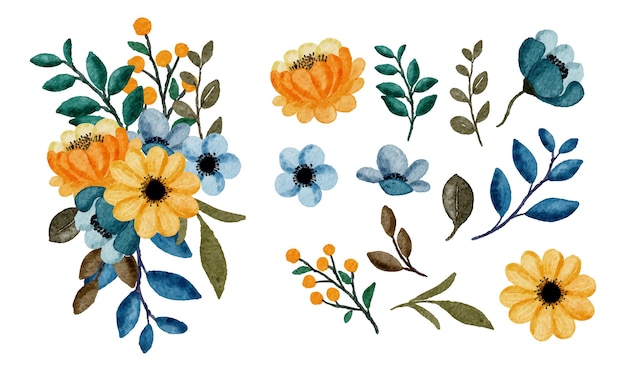 Vecteur gratuit grand ensemble botanique de fleurs sauvages ensemble de pièces séparées et réunies pour un beau bouquet de fleurs dans le style des couleurs de l'eau sur illustration vectorielle plane fond blanc