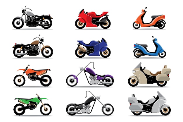 Grand ensemble de clipart coloré moto isolé, illustrations plates de divers types de motos.