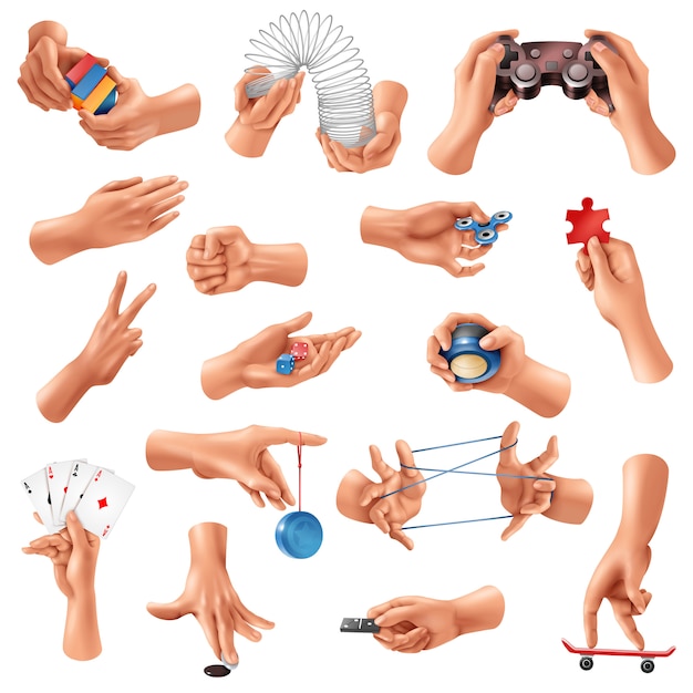 Vecteur gratuit grand ensemble d'icônes réalistes avec des mains humaines jouant à différents jeux isolés sur blanc