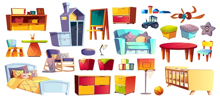Vecteur gratuit grand ensemble de meubles en bois, peluches et accessoires pour chambre d&#39;enfants, chambre de dessin animé