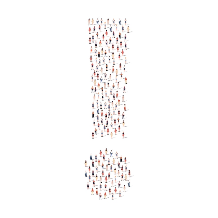 Vecteur gratuit grand groupe de personnes silhouette différente entassée en forme d'exclamation illustration vectorielle