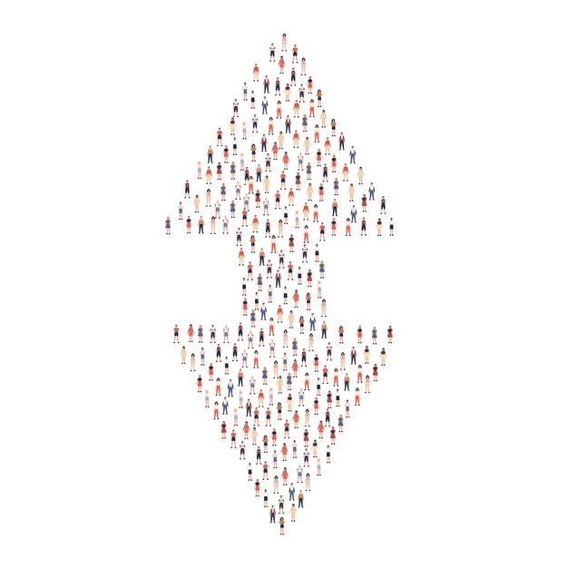 Grand groupe de silhouette de personnes entassées dans la forme de la direction de la flèche isolée