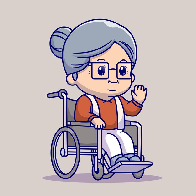 Grand-mère mignonne assise sur une illustration d'icône vectorielle de dessin animé en fauteuil roulant. Concept de santé des gens isolé