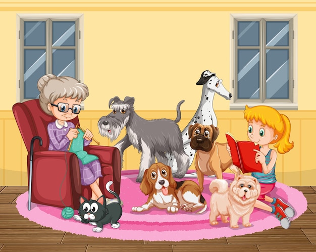 Grand-mère tricotant avec beaucoup de chiens