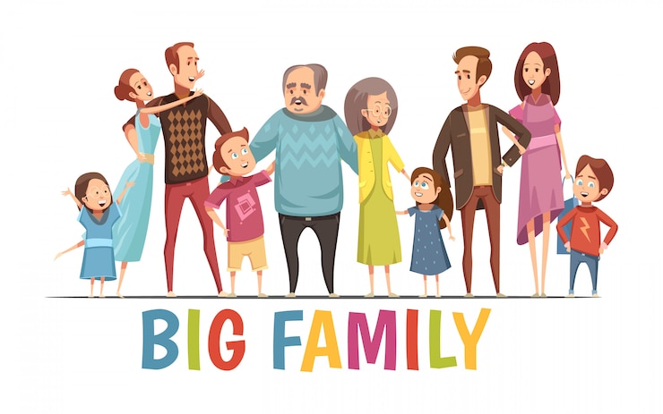 Vecteur gratuit grand portrait de famille harmonieux heureux avec deux jeunes couples de grands-parents et petits enfants cartoon illustration vectorielle