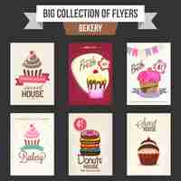 Vecteur gratuit une grande collection de dépliants ou modèles de boulangerie avec illustration de cupcakes sucrés et de beignets