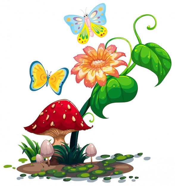Vecteur gratuit une grande fleur près du champignon avec deux papillons