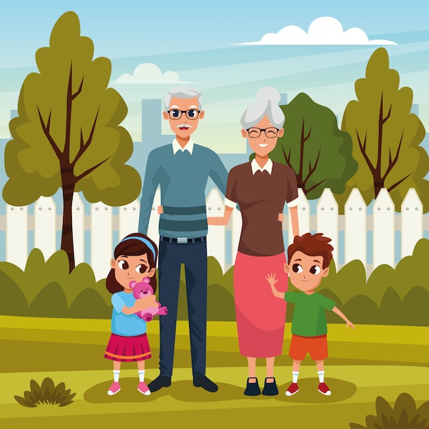 Vecteur gratuit grands-parents avec petits-fils dans le parc