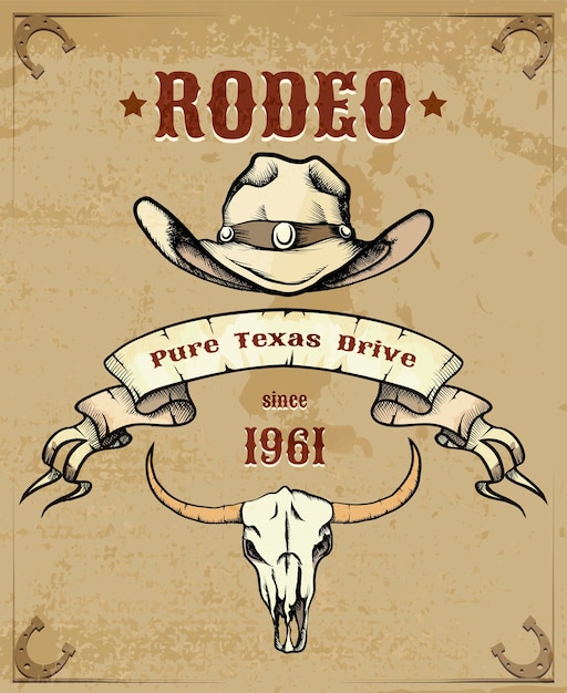 Vecteur gratuit graphique sur le thème du rodéo avec chapeau de cowboy et crâne de bétail