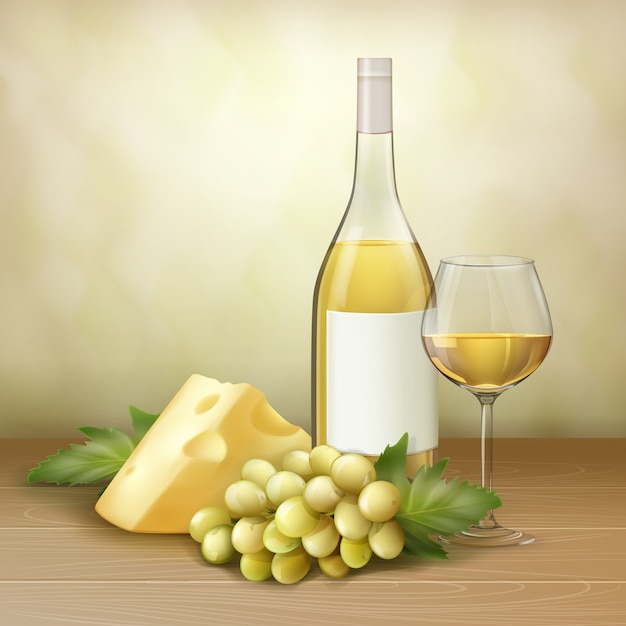 Grappe de vecteur de raisin blanc, bouteille et verre de vin avec du fromage sur la table en bois.