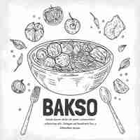 Vecteur gratuit gravure dessinée bakso dans un bol