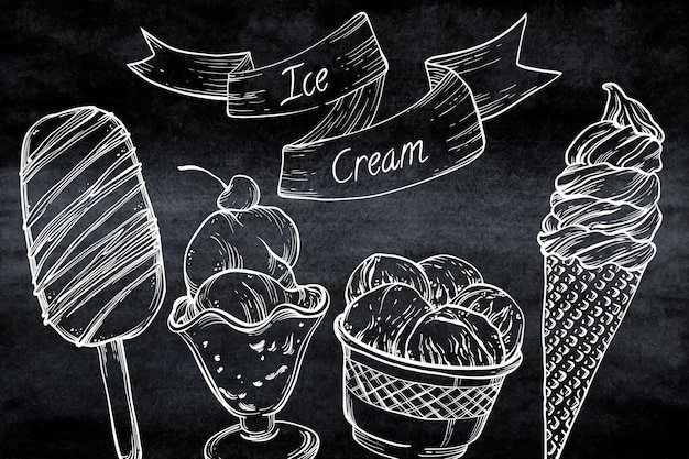 Vecteur gratuit gravure fond de tableau noir de crème glacée dessinés à la main
