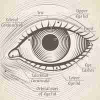 Vecteur gratuit gravure de l'oeil humain avec des légendes. cornée, iris et pupille. nommez des parties de l'œil pour les livres, les encyclopédies