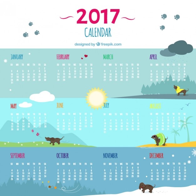 Vecteur gratuit great 2017 calendrier avec des chiens