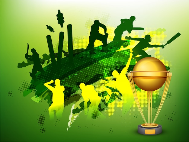 Green Cricket Sports background avec illustration de joueurs et coupe de trophée dorée.